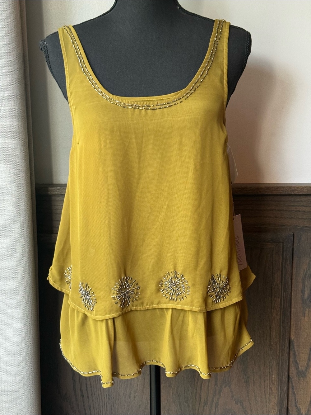 Jennifer Lopez Mustard Yellow Beaded Layered Camisole